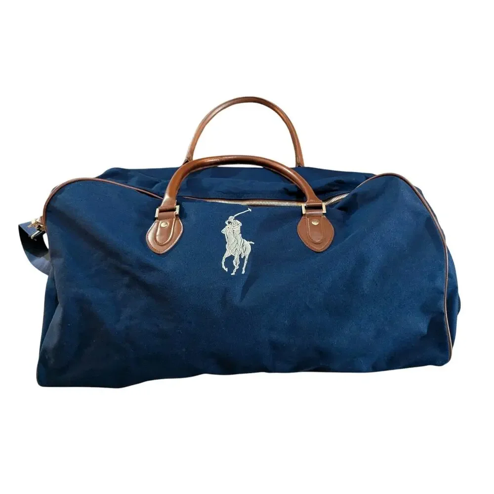 Vtg Polo Ralph Lauren Big Pony Canvas Overnight Weekender Duffle Bag Blue Brown